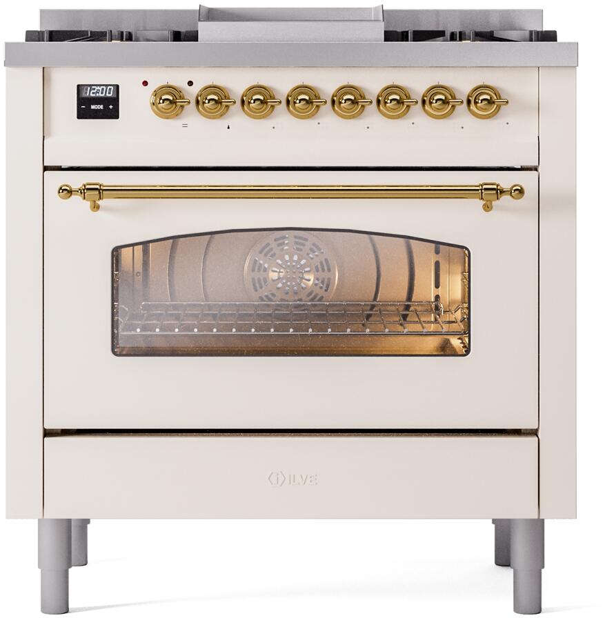 Ilve UP36FNMPAWGLP Nostalgie Ii 36 Inch Dual Fuel Liquid Propane Freestanding Range In Antique White With Brass Trim