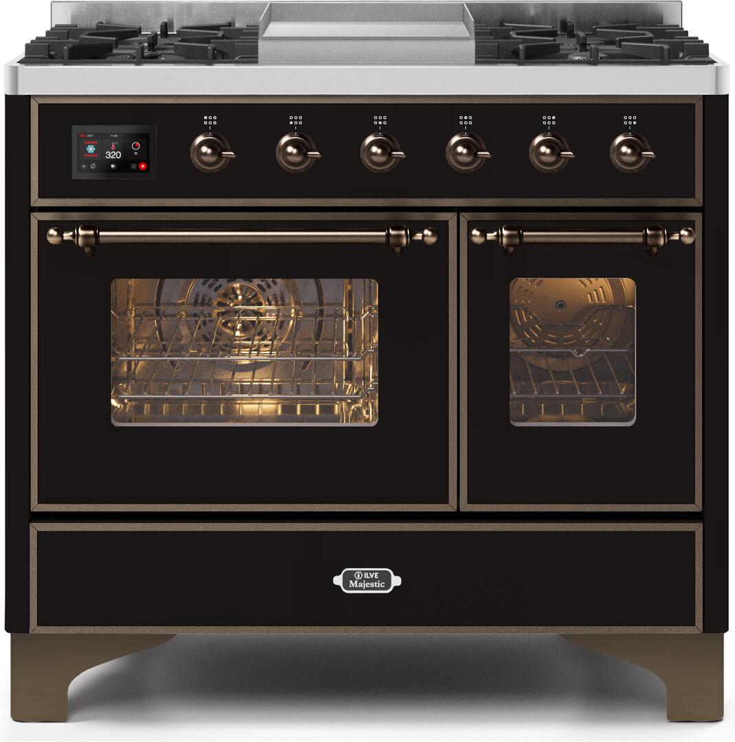 Ilve UMD10FDNS3BKBLP Majestic Ii 40 Inch Dual Fuel Liquid Propane Freestanding Range In Glossy Black With Bronze Trim