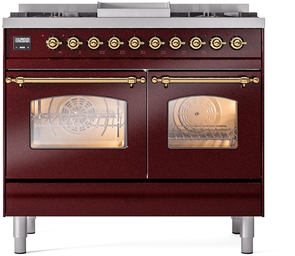 Ilve UPD40FNMPBUG Nostalgie Ii 40 Inch Dual Fuel Natural Gas Freestanding Range In Burgundy With Brass Trim