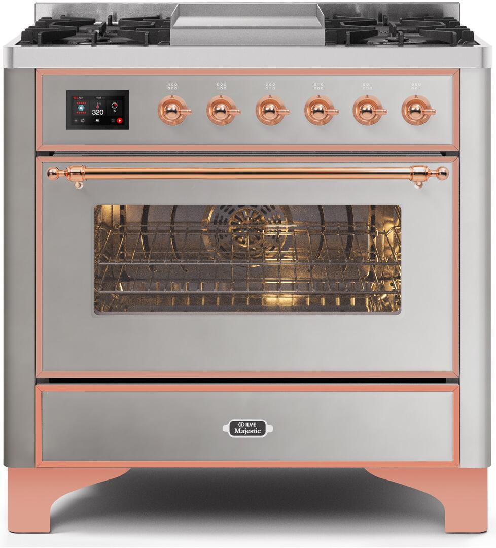 Ilve UM09FDNS3SSPLP Majestic Ii 36 Inch Dual Fuel Liquid Propane Freestanding Range In Stainless Steel With Copper Trim