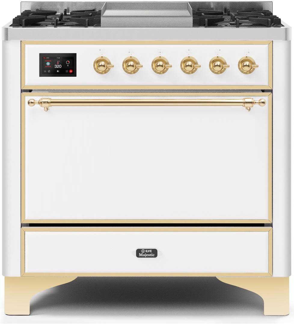 Ilve UM09FDQNS3WHGLP Majestic Ii 36 Inch Dual Fuel Liquid Propane Freestanding Range In White With Brass Trim