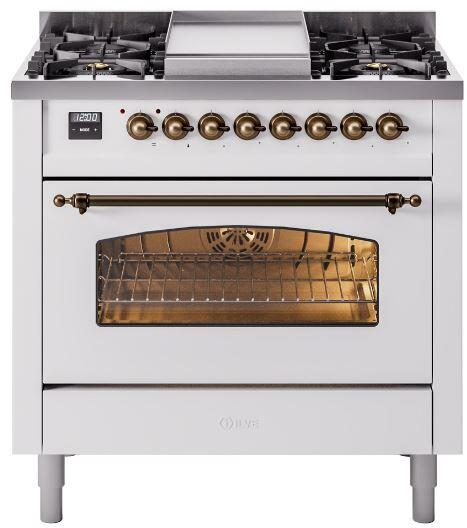 Ilve UP36FNMPWHB Nostalgie Ii 36 Inch Dual Fuel Natural Gas Freestanding Range In White With Bronze Trim