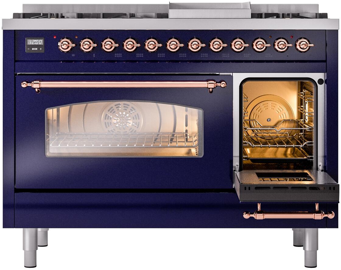 Ilve UP48FNMPMBPLP Nostalgie Ii 48 Inch Dual Fuel Liquid Propane Freestanding Range In Blue With Copper Trim