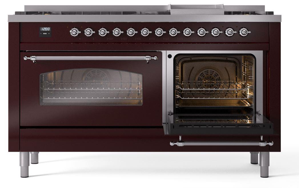 Ilve UP60FNMPBUCLP Nostalgie Ii 60 Inch Dual Fuel Liquid Propane Freestanding Range In Burgundy With Chrome Trim