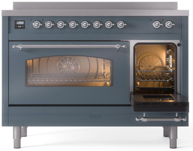 Ilve UPI486NMPBGC Nostalgie Ii 48 Inch Electric Freestanding Range In Blue Grey With Chrome Trim