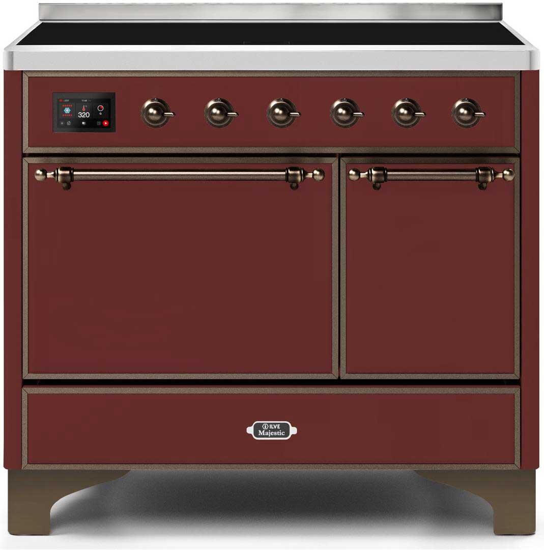 Ilve UMDI10QNS3BUB Majestic Ii 40 Inch Electric Freestanding Range In Burgundy With Bronze Trim