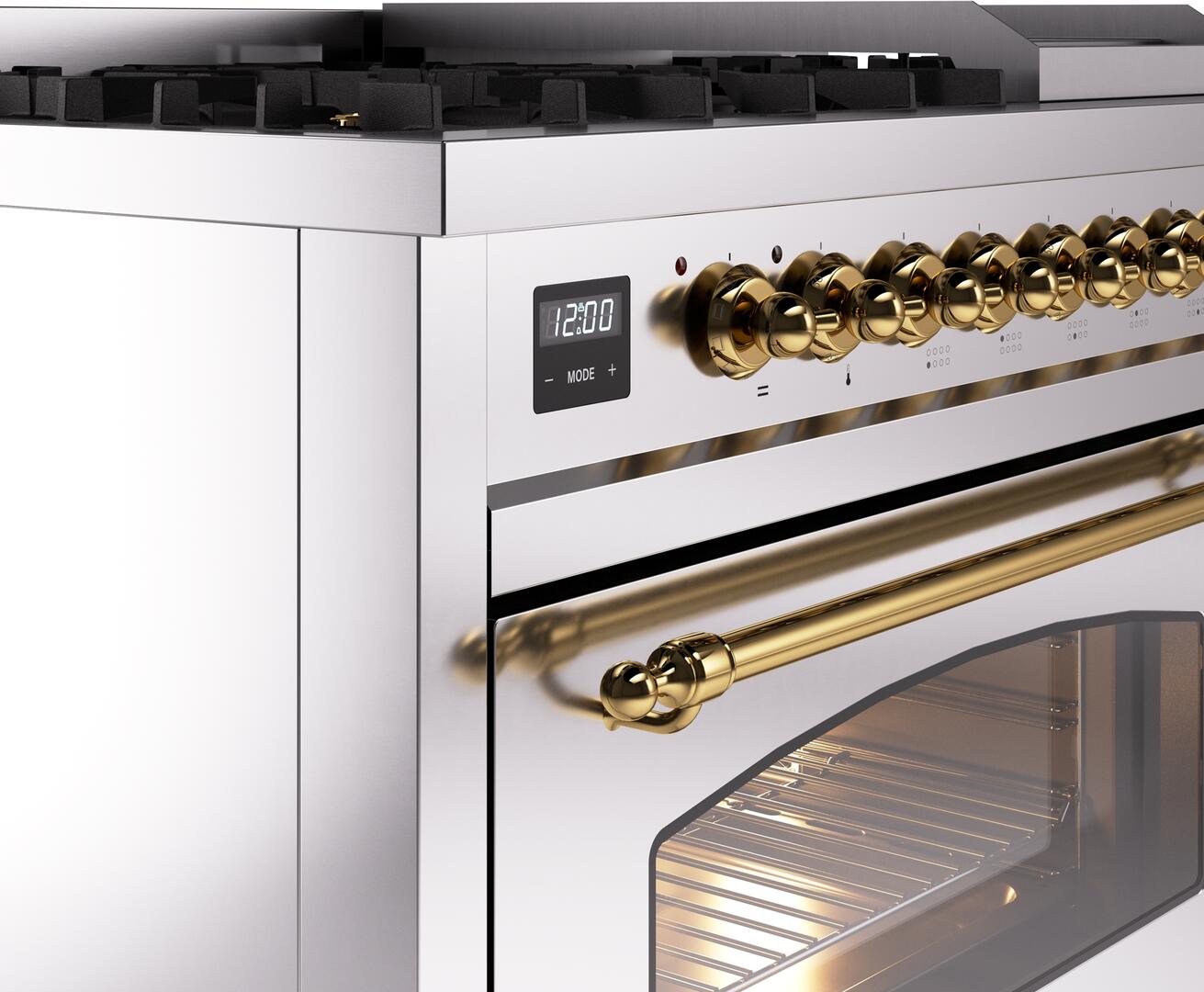 Ilve UP48FNMPSSG Nostalgie Ii 48 Inch Dual Fuel Natural Gas Freestanding Range In Stainless Steel With Brass Trim