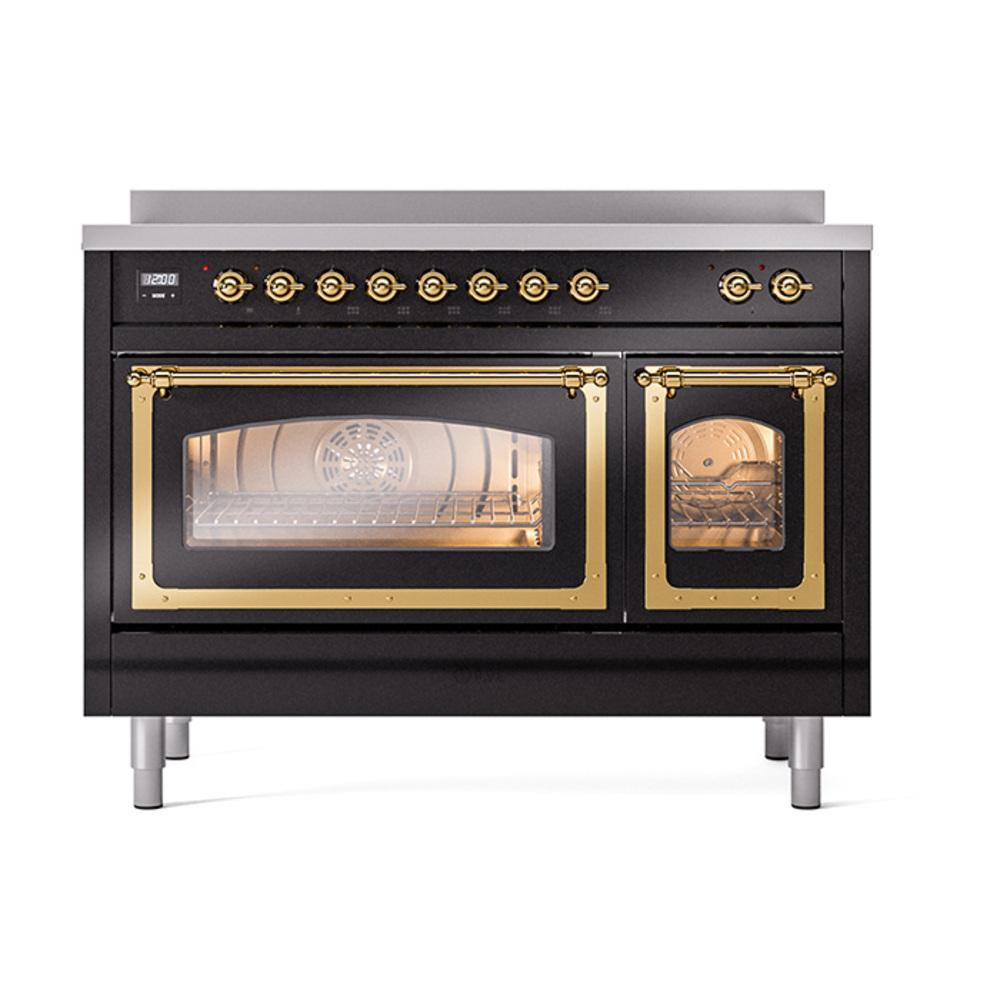 Ilve UNI486NMPBKG Ilve Uni486Nmpbkg Nostalgie Ii Noblesse 48" Induction Range (Triple Glass Door, Glossy Black, Brass)