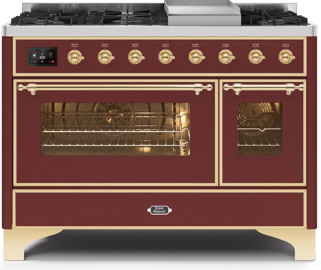 Ilve UM12FDNS3BUGLP Majestic Ii 48 Inch Dual Fuel Liquid Propane Freestanding Range In Burgundy With Brass Trim