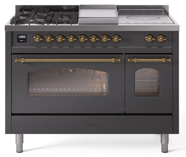 Ilve UP48FSNMPMGGLP Nostalgie Ii 48 Inch Dual Fuel Liquid Propane Freestanding Range In Matte Graphite With Brass Trim