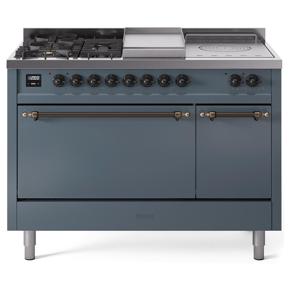 Ilve UP48FSQNMPBGB Ilve Nostalgie Ii 48 Up48Fsqnmpbgb Freestanding Dual Fuel Range With 5 Sealed Burners And French Top Double Oven With Solid Door In Blue Grey With Bronze Knobs