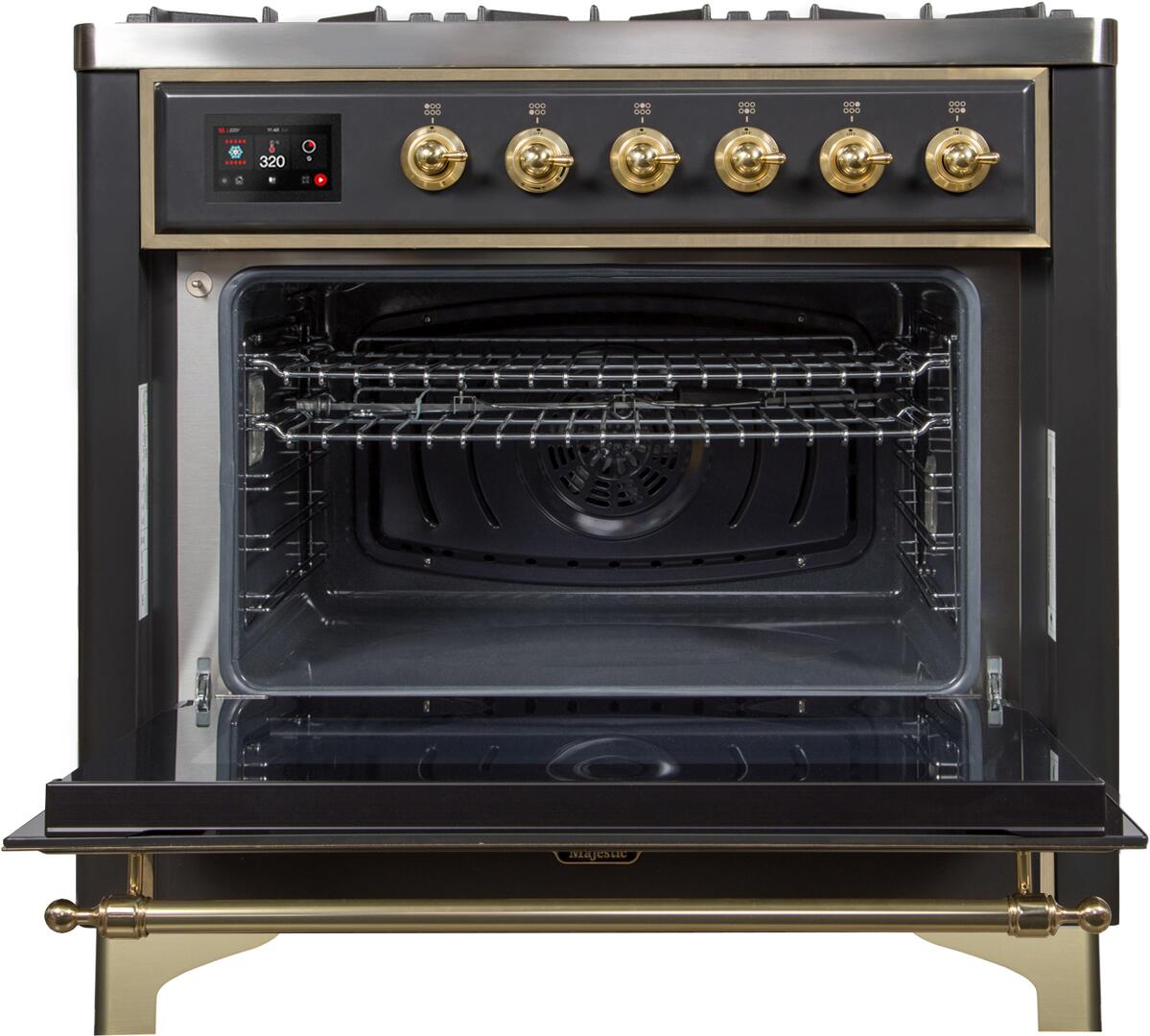 Ilve UM09FDNS3MGGLP Majestic Ii 36 Inch Dual Fuel Liquid Propane Freestanding Range In Matte Graphite With Brass Trim