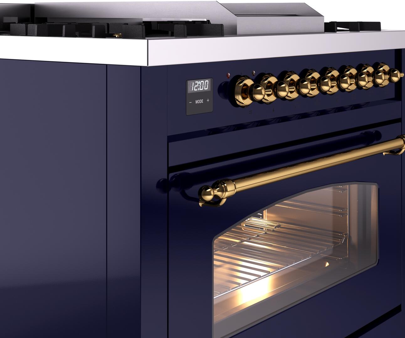 Ilve UP36FNMPMBG Nostalgie Ii 36 Inch Dual Fuel Natural Gas Freestanding Range In Blue With Brass Trim