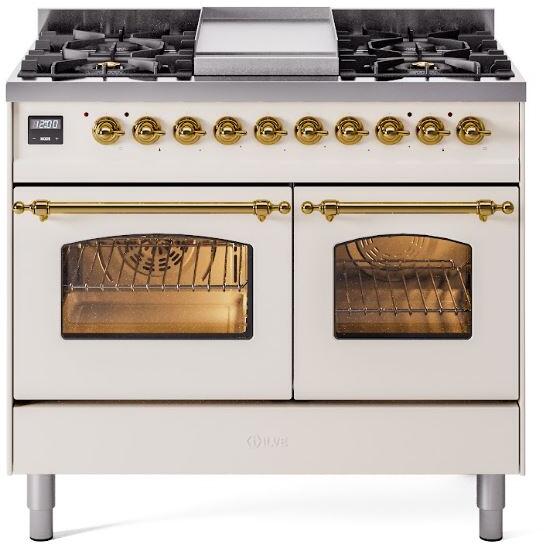 Ilve UPD40FNMPAWGLP Nostalgie Ii 40 Inch Dual Fuel Liquid Propane Freestanding Range In Antique White With Brass Trim