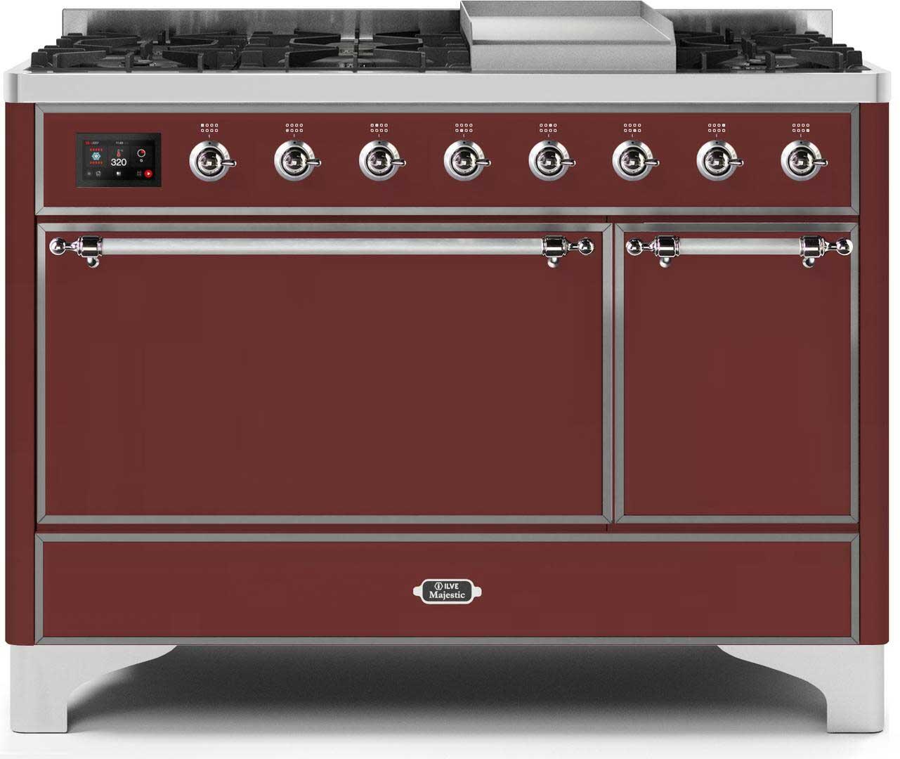 Ilve UM12FDQNS3BUCLP Majestic Ii 48 Inch Dual Fuel Liquid Propane Freestanding Range In Burgundy With Chrome Trim