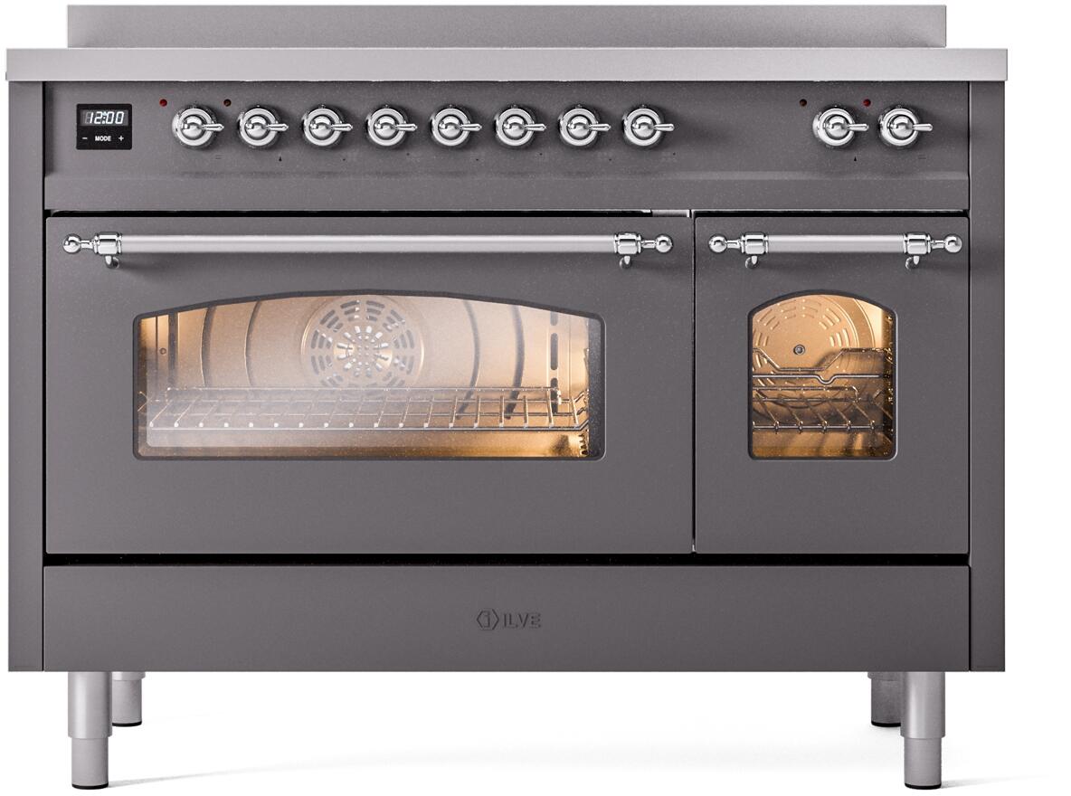 Ilve UPI486NMPMGC Nostalgie Ii 48 Inch Electric Freestanding Range In Matte Graphite With Chrome Trim