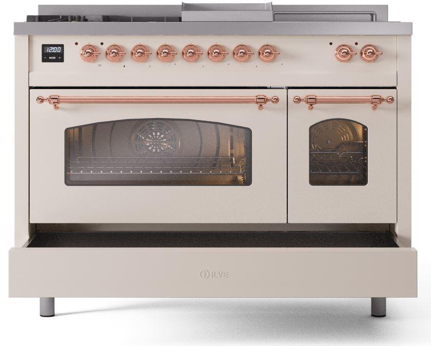 Ilve UP48FSNMPAWPLP Nostalgie Ii 48 Inch Dual Fuel Liquid Propane Freestanding Range In Antique White With Copper Trim