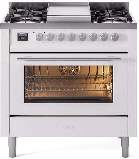 Ilve UP36FWMPWHLP Professional Plus Ii 36 Inch Dual Fuel Liquid Propane Freestanding Range In White With Trim