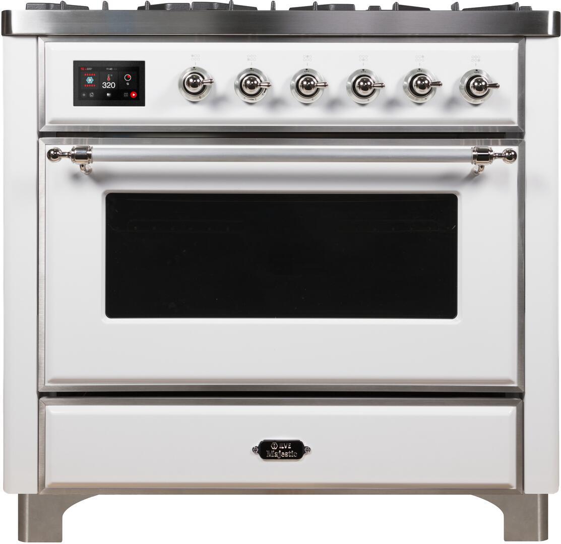 Ilve UM09FDNS3WHC Majestic Ii 36 Inch Dual Fuel Natural Gas Freestanding Range In White With Chrome Trim