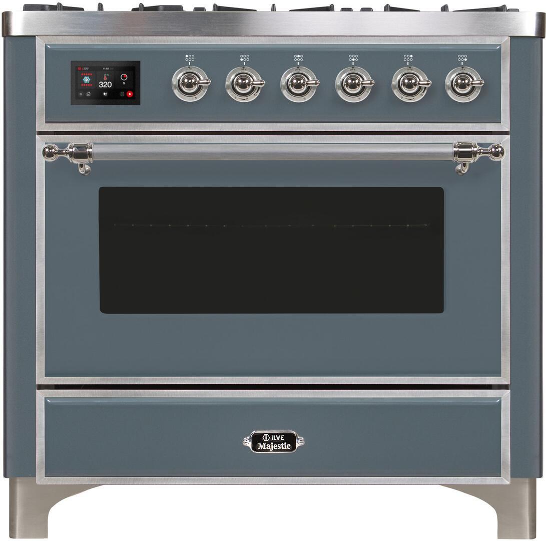 Ilve UM09FDNS3BGC Majestic Ii 36 Inch Dual Fuel Natural Gas Freestanding Range In Blue Grey With Chrome Trim