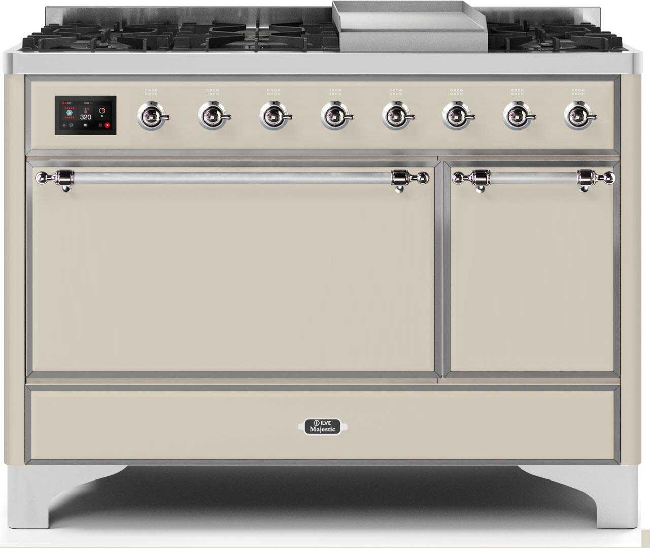 Ilve UM12FDQNS3AWC Majestic Ii 48 Inch Dual Fuel Natural Gas Freestanding Range In Antique White With Chrome Trim