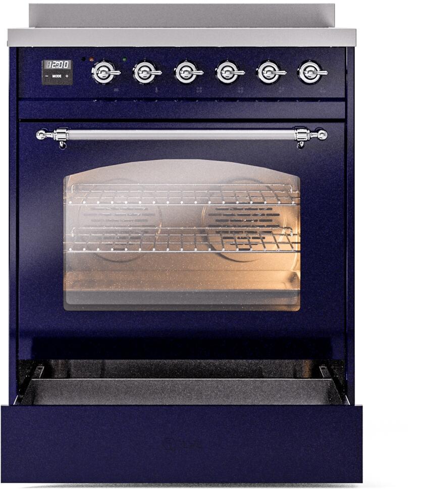 Ilve UPI304NMPMBC Nostalgie Ii 30 Inch Electric Freestanding Range In Blue With Chrome Trim