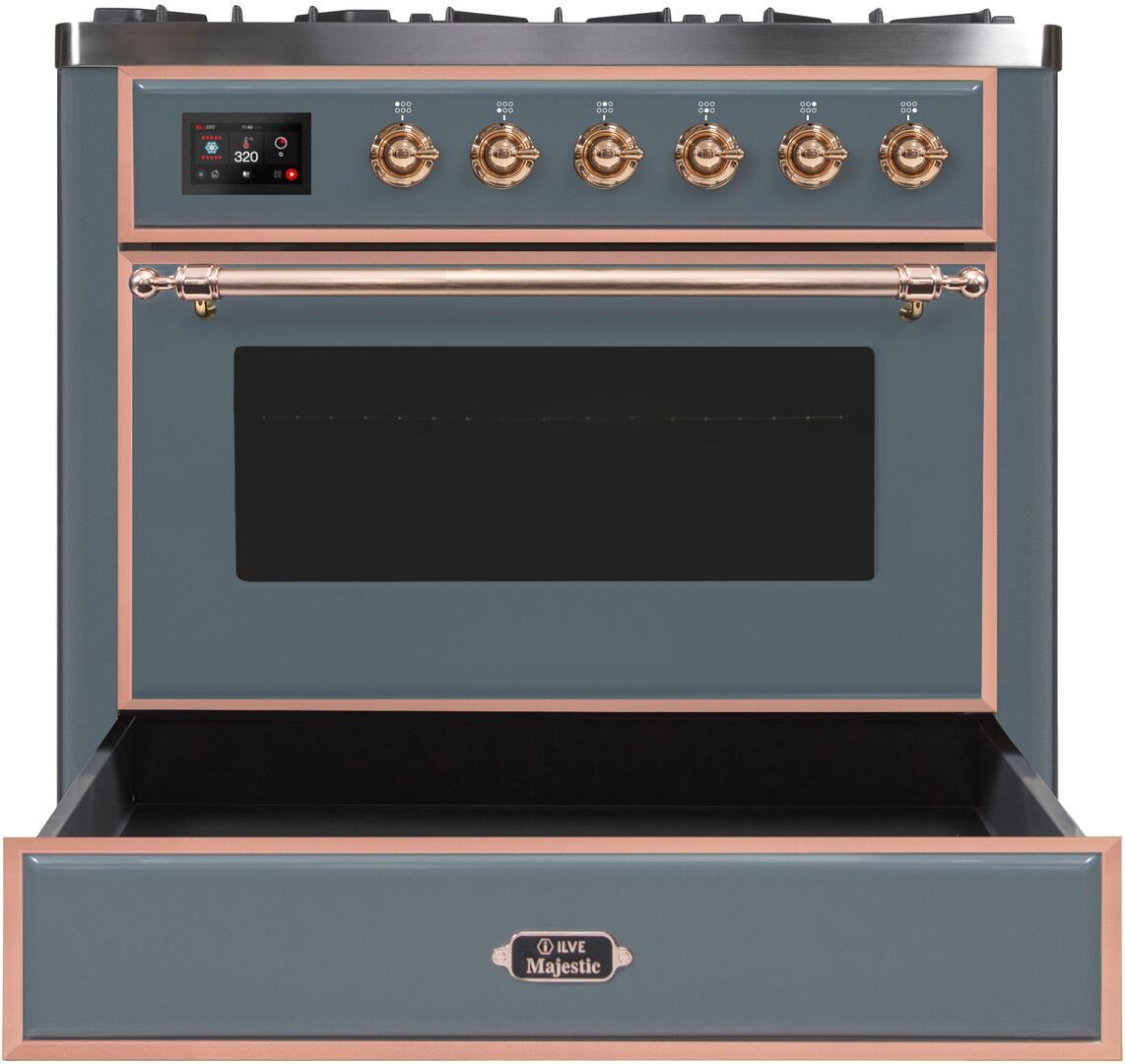 Ilve UM09FDNS3BGP Majestic Ii 36 Inch Dual Fuel Natural Gas Freestanding Range In Blue Grey With Copper Trim