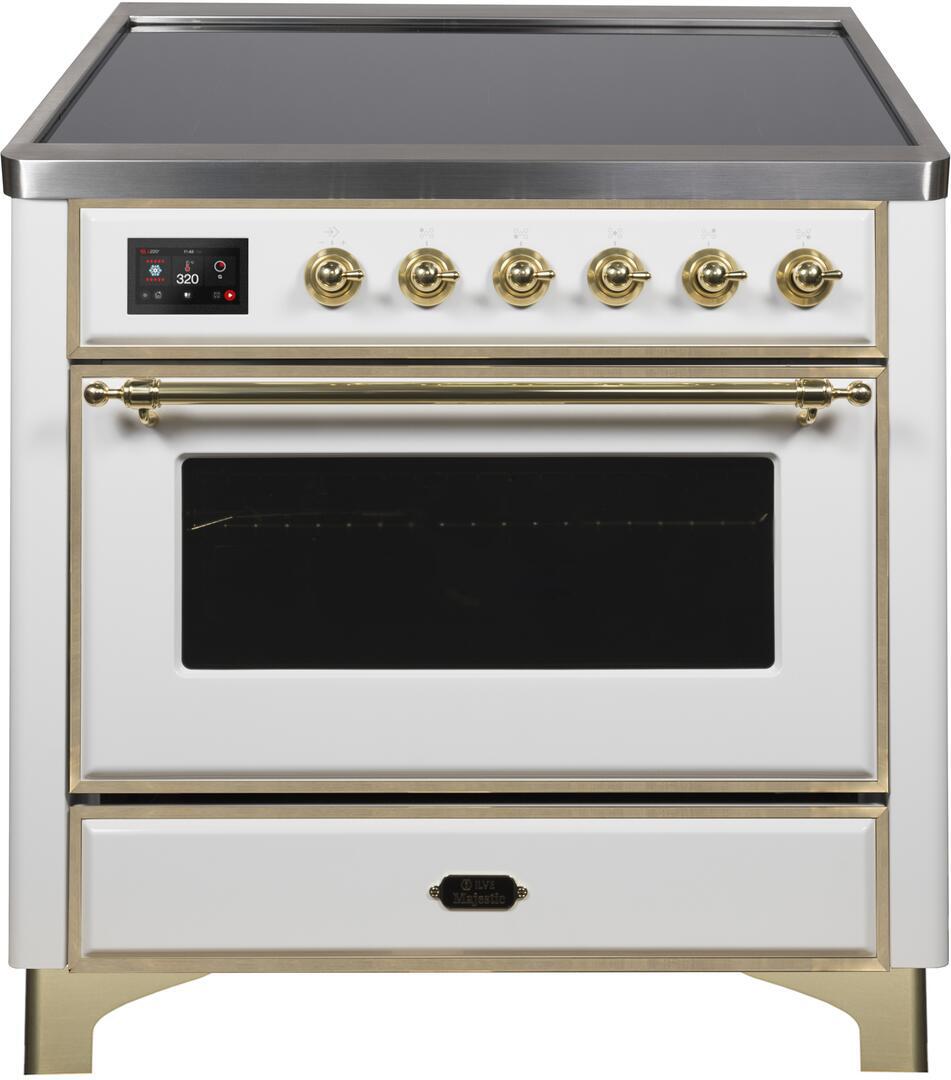 Ilve UMI09NS3WHG Majestic Ii 36 Inch Electric Freestanding Range In White With Brass Trim