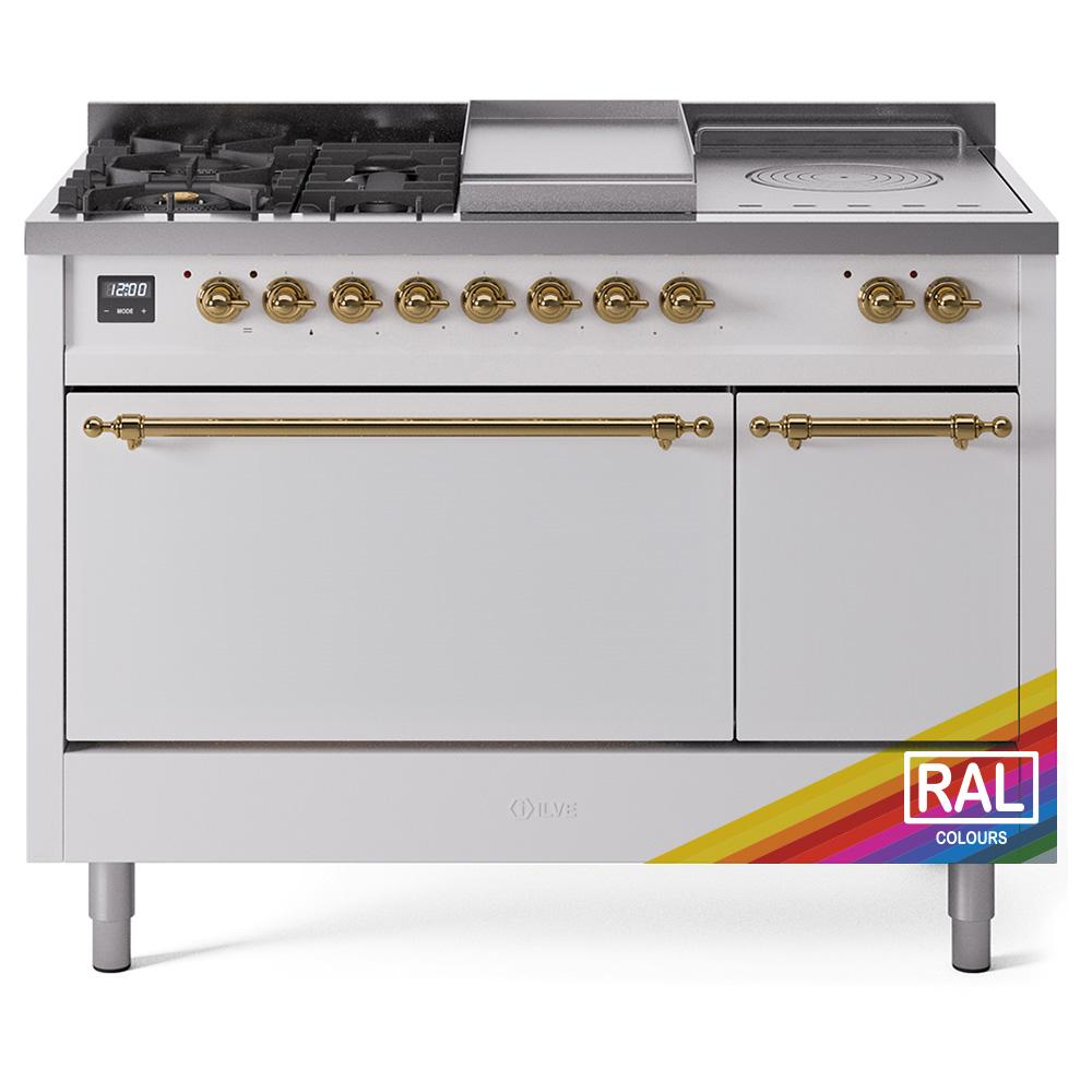 Ilve UP48FSQNMPRAG Ilve Nostalgie Ii 48 Up48Fsqnmprag Freestanding Dual Fuel Range With 5 Sealed Burners And French Top Double Oven With Solid Door In Ral Color With Brass Knobs