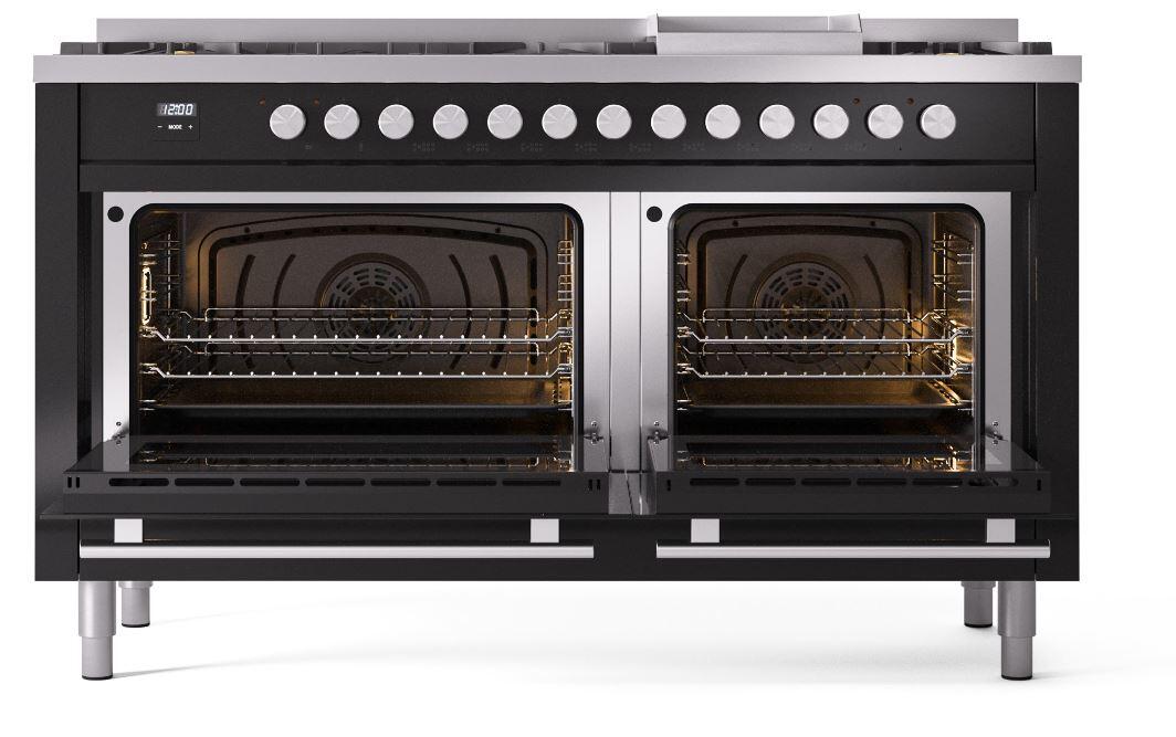 Ilve UP60FWMPBK Professional Plus Ii 60 Inch Dual Fuel Natural Gas Freestanding Range In Glossy Black With Trim