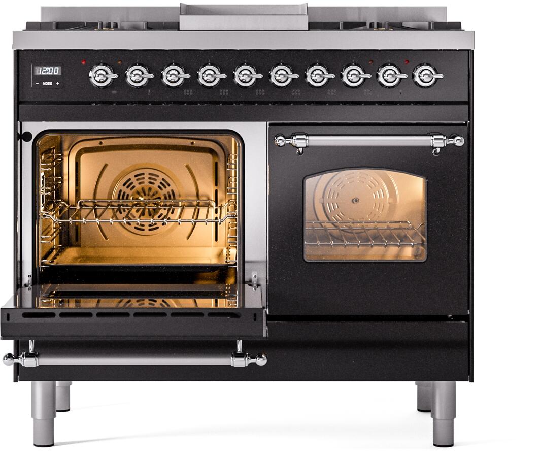 Ilve UPD40FNMPBKC Nostalgie Ii 40 Inch Dual Fuel Natural Gas Freestanding Range In Glossy Black With Chrome Trim