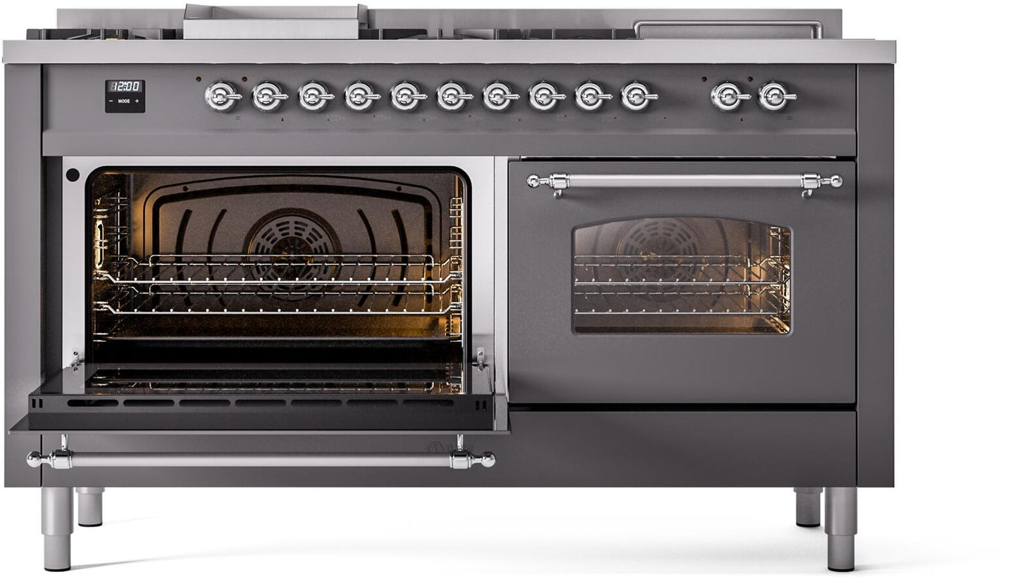 Ilve UP60FSNMPMGC Nostalgie Ii 60 Inch Dual Fuel Natural Gas Freestanding Range In Matte Graphite With Chrome Trim