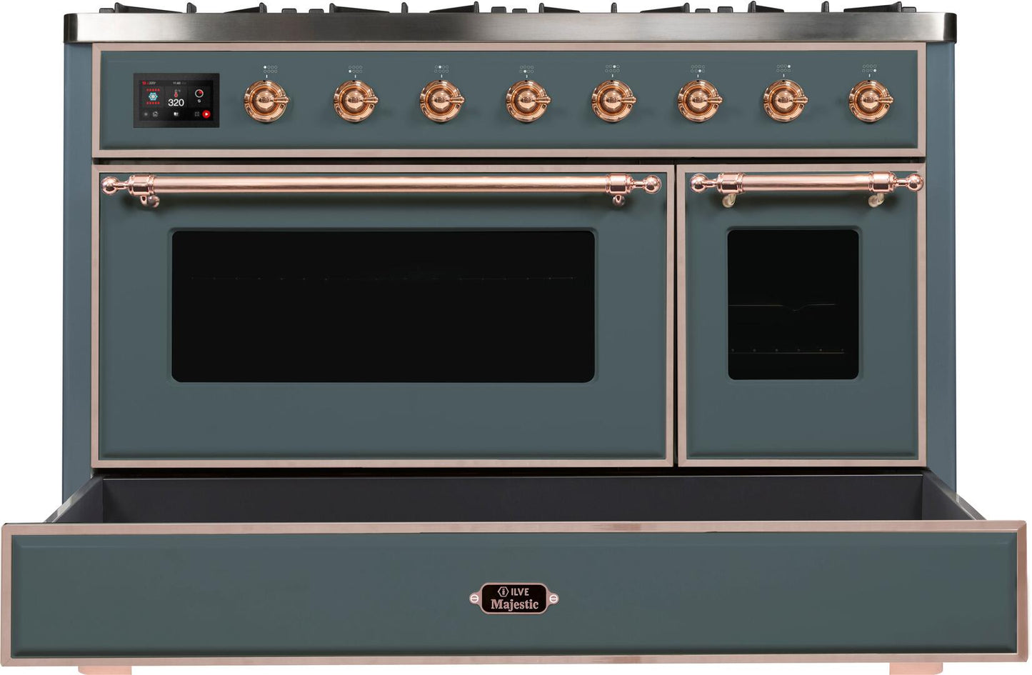 Ilve UM12FDNS3BGP Majestic Ii 48 Inch Dual Fuel Natural Gas Freestanding Range In Blue Grey With Copper Trim