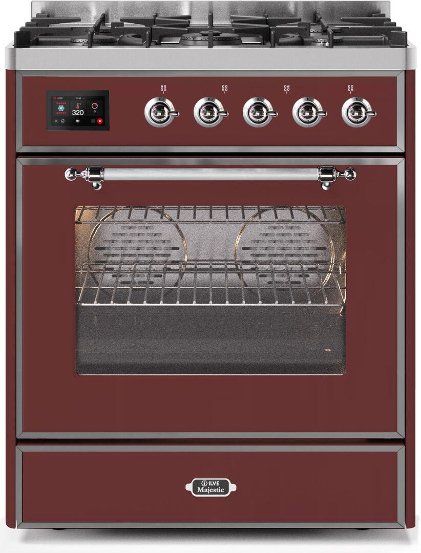 Ilve UM30DNE3BUCLP Majestic Ii 30 Inch Dual Fuel Liquid Propane Freestanding Range In Burgundy With Chrome Trim