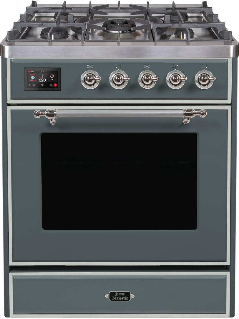 Ilve UM30DNE3BGCLP Majestic Ii 30 Inch Dual Fuel Liquid Propane Freestanding Range In Blue Grey With Chrome Trim