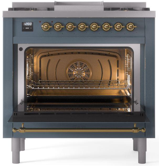 Ilve UP36FNMPBGGLP Nostalgie Ii 36 Inch Dual Fuel Liquid Propane Freestanding Range In Blue Grey With Brass Trim