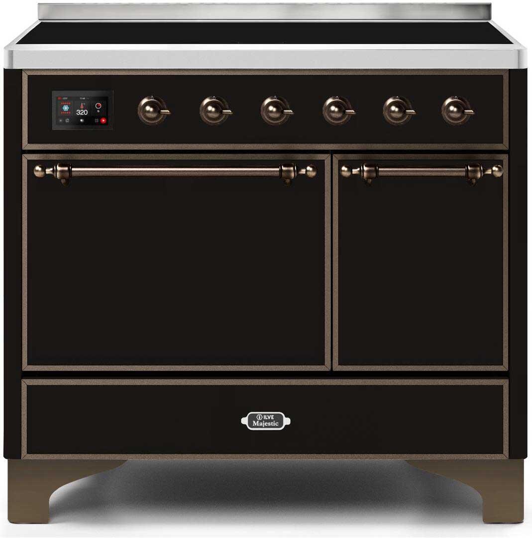 Ilve UMDI10QNS3BKB Majestic Ii 40 Inch Electric Freestanding Range In Glossy Black With Bronze Trim