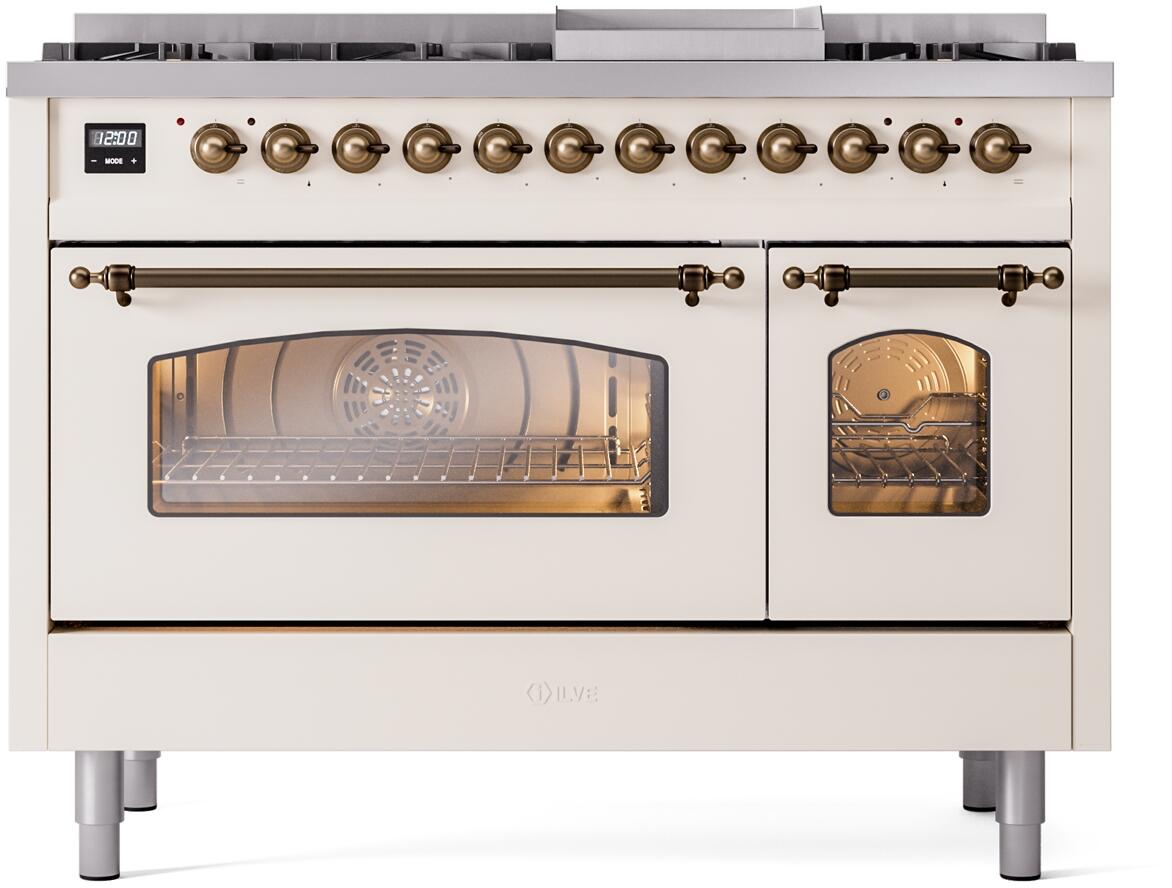 Ilve UP48FNMPAWBLP Nostalgie Ii 48 Inch Dual Fuel Liquid Propane Freestanding Range In Antique White With Bronze Trim