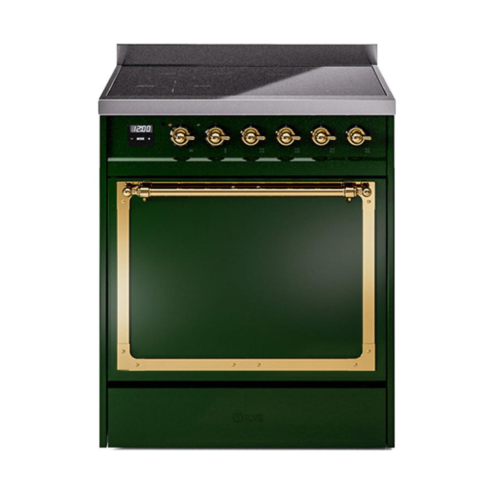 Ilve UNI304QNMPEGG Ilve Uni304Qnmpegg Nostalgie Ii Noblesse 30" Induction Range (Solid Door, Emerald Green, Brass)