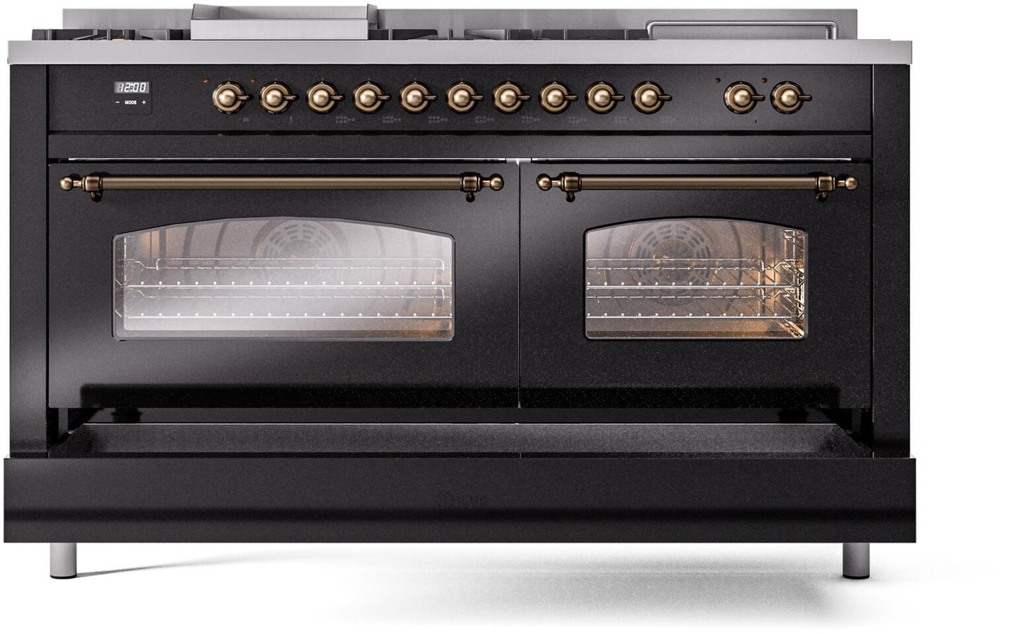 Ilve UP60FSNMPBKBLP Nostalgie Ii 60 Inch Dual Fuel Liquid Propane Freestanding Range In Glossy Black With Bronze Trim