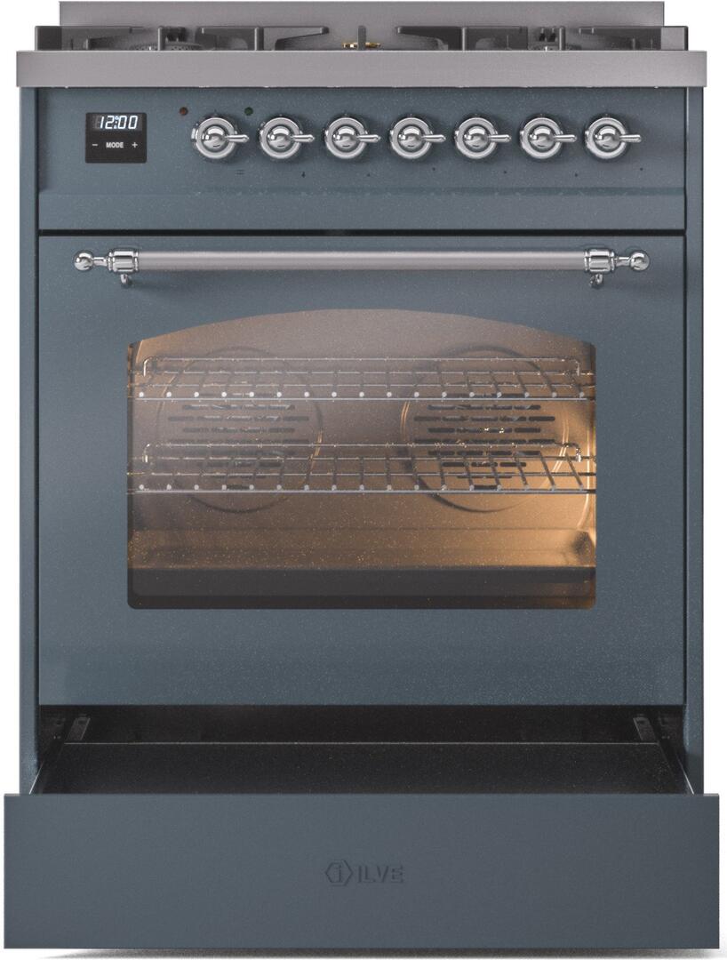 Ilve UP30NMPBGCLP Nostalgie Ii 30 Inch Dual Fuel Liquid Propane Freestanding Range In Blue Grey With Chrome Trim