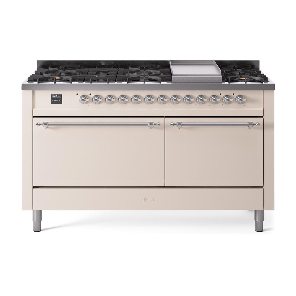 Ilve UP60FQNMPAWC Ilve Nostalgie Ii 60 Up60Fqnmpawc Freestanding Dual Fuel Range With 9 Sealed Burners Double Oven With Solid Door In Antique White With Chrome Knobs