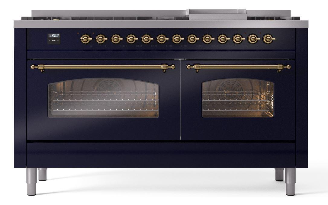 Ilve UP60FNMPMBG Nostalgie Ii 60 Inch Dual Fuel Natural Gas Freestanding Range In Blue With Brass Trim