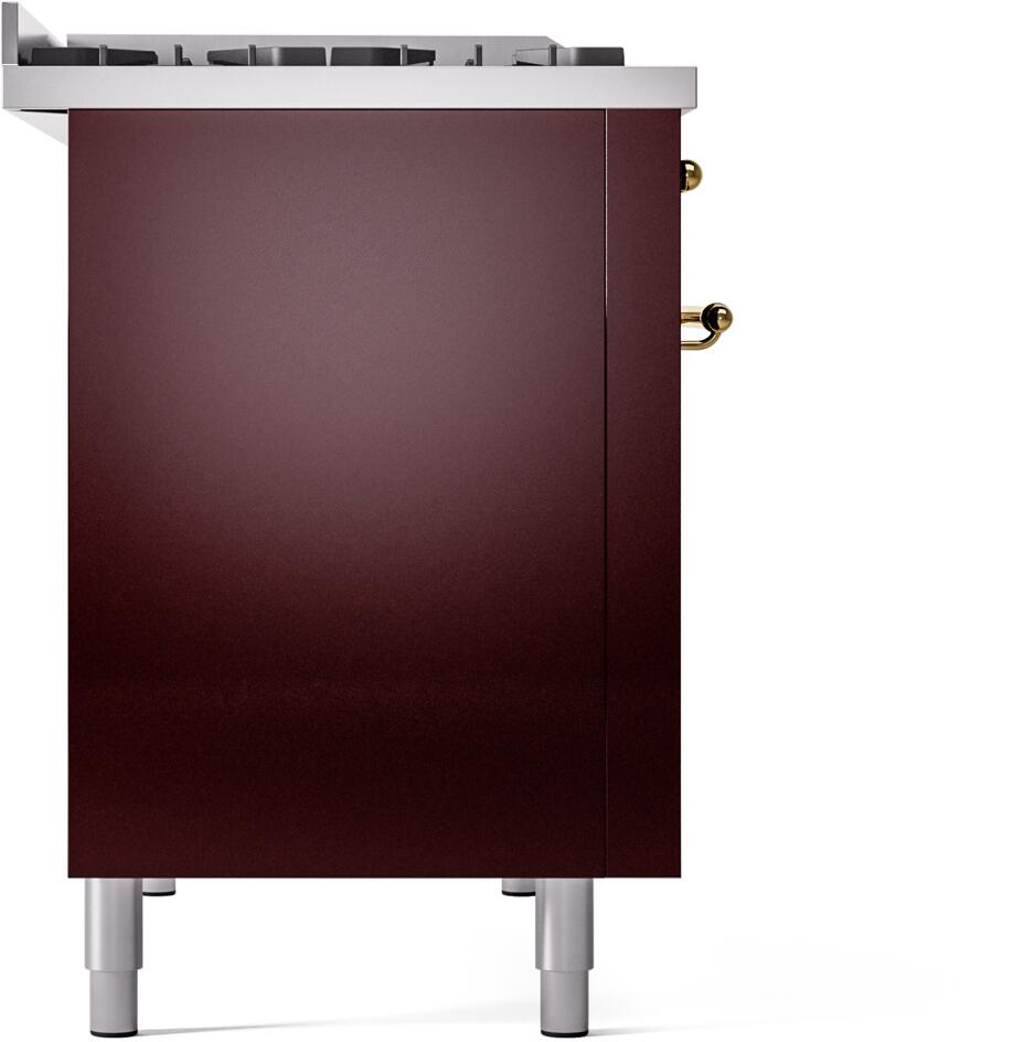 Ilve UP48FNMPBUG Nostalgie Ii 48 Inch Dual Fuel Natural Gas Freestanding Range In Burgundy With Brass Trim