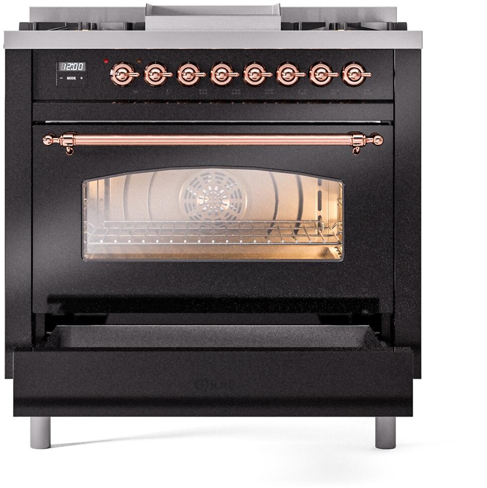 Ilve UP36FNMPBKP Nostalgie Ii 36 Inch Dual Fuel Natural Gas Freestanding Range In Glossy Black With Copper Trim