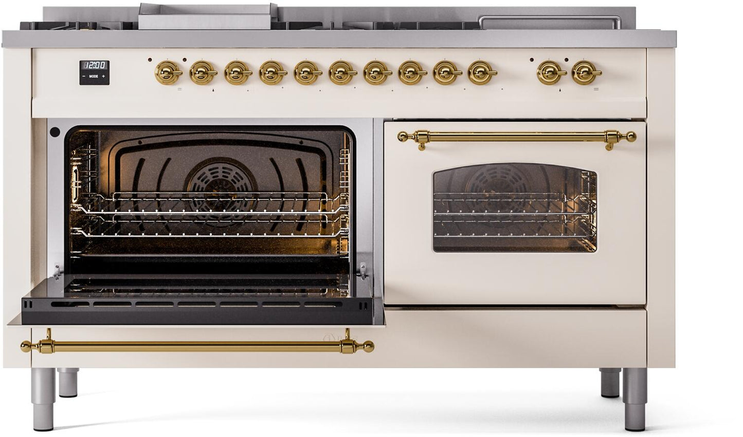 Ilve UP60FSNMPAWG Nostalgie Ii 60 Inch Dual Fuel Natural Gas Freestanding Range In Antique White With Brass Trim