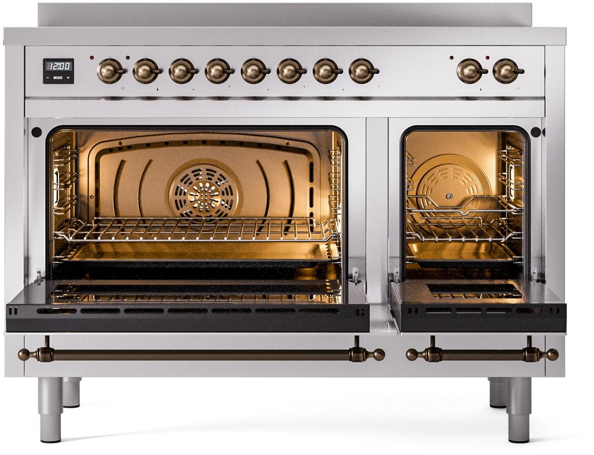 Ilve UPI486NMPSSB Nostalgie Ii 48 Inch Electric Freestanding Range In Stainless Steel With Bronze Trim