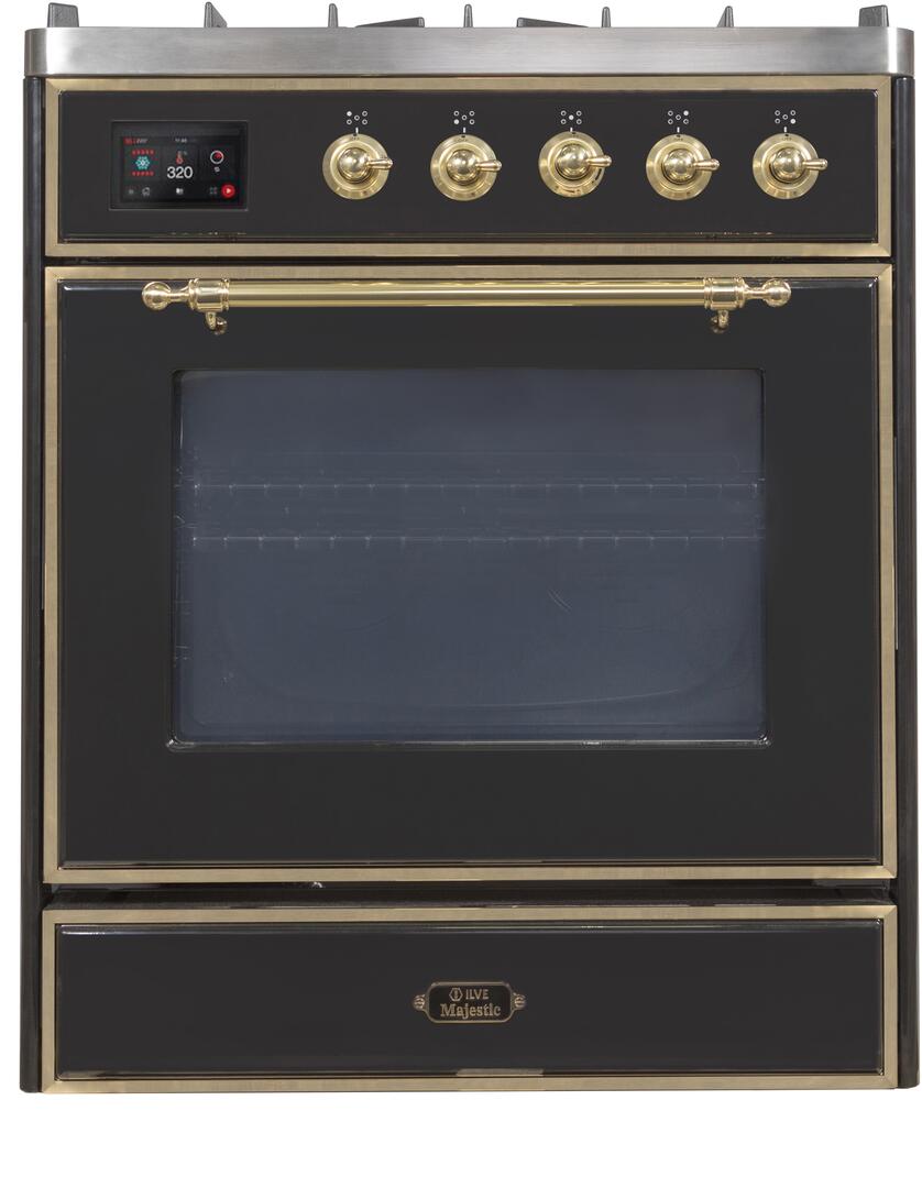 Ilve UM30DNE3BKGLP Majestic Ii 30 Inch Dual Fuel Liquid Propane Freestanding Range In Glossy Black With Brass Trim