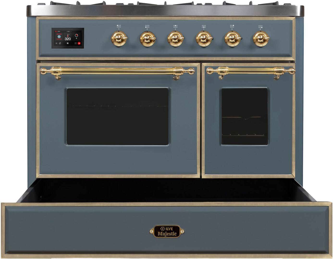 Ilve UMD10FDNS3BGGLP Majestic Ii 40 Inch Dual Fuel Liquid Propane Freestanding Range In Blue Grey With Brass Trim