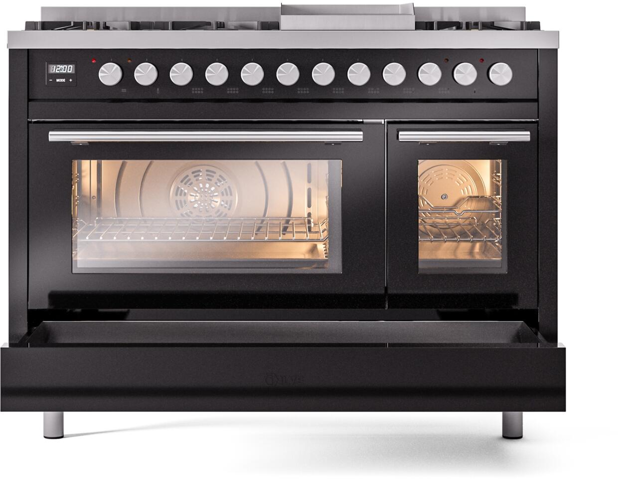 Ilve UP48FWMPBK Professional Plus Ii 48 Inch Dual Fuel Natural Gas Freestanding Range In Glossy Black With Trim